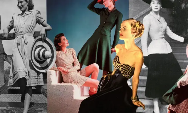 Kobiety w stylowych kreacjach, odzwierciedlające modę na przestrzeni lat. Eleganckie sukienki, kapelusze i wyrafinowane sylwetki.
