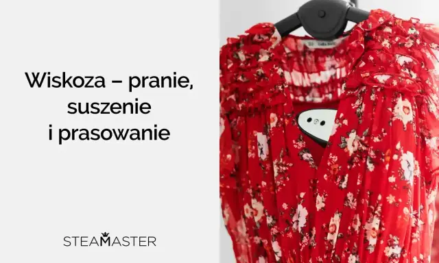 Czerwona sukienka w kwiaty, idealna do prasowania parowego. Dowiedz się, jak prać wiskozę, by służyła latami.