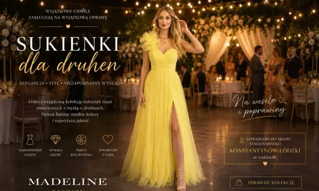 Eleganckie sukienki na wesele 2026 dla druhen. Modelka w żółtej sukni maxi z rozcięciem. Odkryj kolekcję Madeline Fashion.