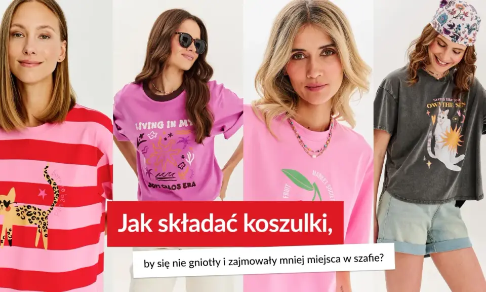 Cztery kobiety prezentują koszulki z nadrukami. Dowiedz się, jak składać bluzki z długim rękawem, by się nie gniotły i zajmowały mniej miejsca.
