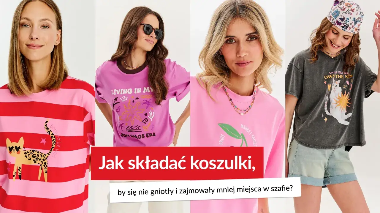 Cztery kobiety prezentują koszulki z nadrukami. Dowiedz się, jak składać bluzki z długim rękawem, by się nie gniotły i zajmowały mniej miejsca.