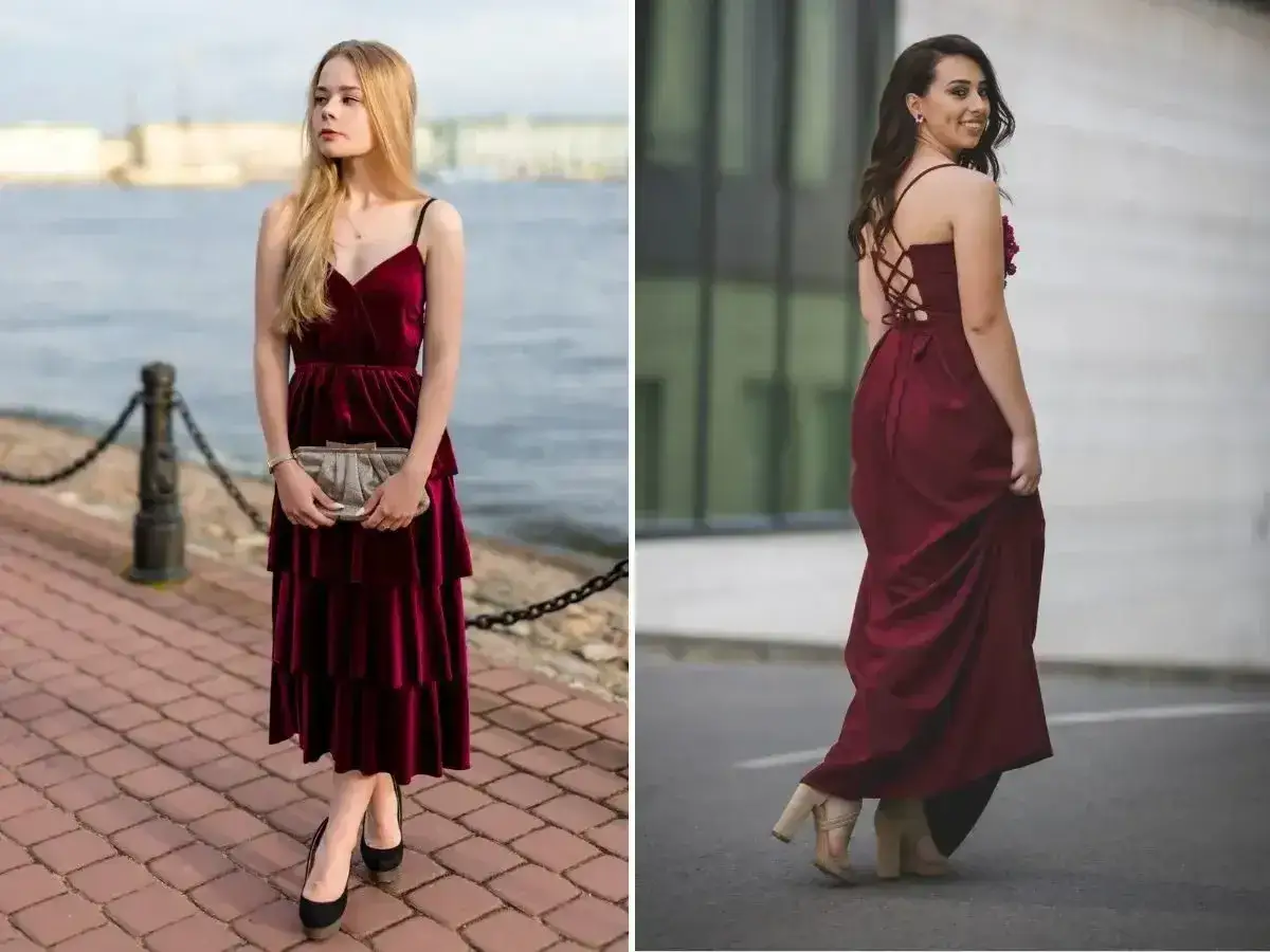 Dwie kobiety w bordowych sukienkach. Jedna w welurowej midi, druga w długiej wieczorowej. Jakie rajstopy do bordowej sukienki? Oto inspiracje.