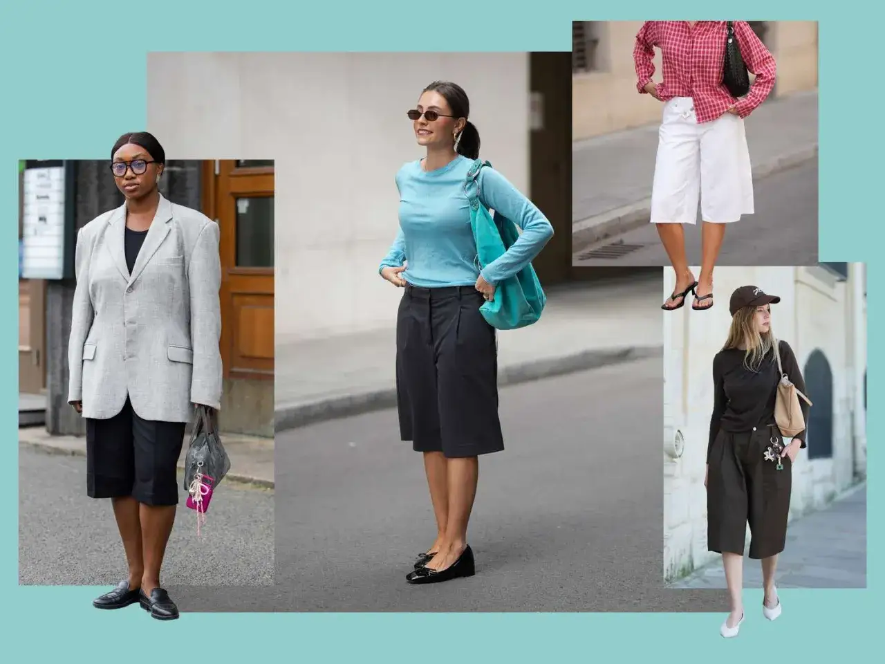 Różne style culottes: elegancki z marynarką, sportowy z błękitną bluzką, casualowy w kratkę i z czapką.