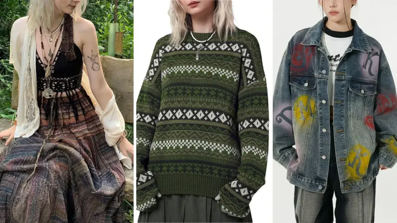 Stylizacje w stylu indie: zwiewna sukienka boho, zielony sweter z geometrycznym wzorem i jeansowa kurtka z malowanymi literami.