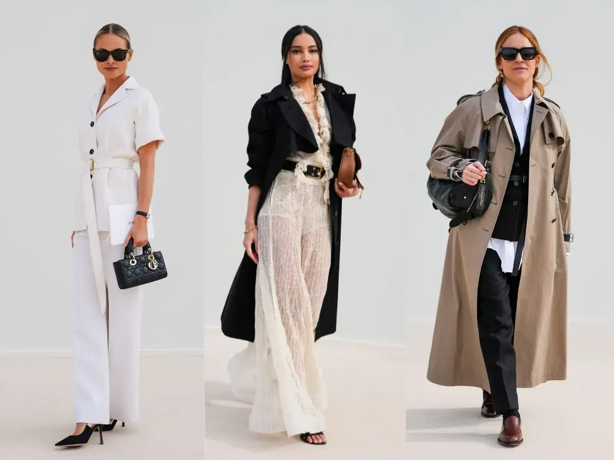 Trzy kobiety prezentują modne stylizacje damskie: biały garnitur, czarny płaszcz z koronkową sukienką i beżowy trencz z eleganckim zestawem.