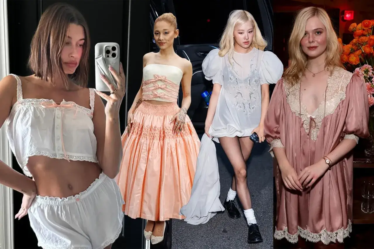 Hailey Bieber, Ariana Grande, Rosé i Elle Fanning w stylizacjach inspirowanych coquette aesthetic: koronki, falbanki i pastelowe kolory.