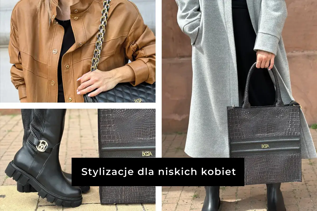 Stylizacje dla niskich kobiet: sk&oacute;rzana kurtka, kozaki i torebka. Unikaj rzeczy, czego nie powinny nosić niskie osoby, by wyglądać smuklej.