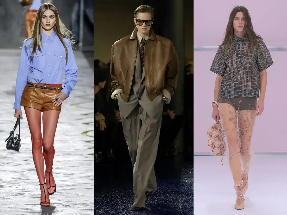 Trzy modele prezentują modne stylizacje damskie: w błękitnej koszuli i sk&oacute;rzanych szortach, w eleganckim garniturze i brązowej kurtce, oraz w wzorzystej bluzce i transparentnych spodniach z ozdobami.