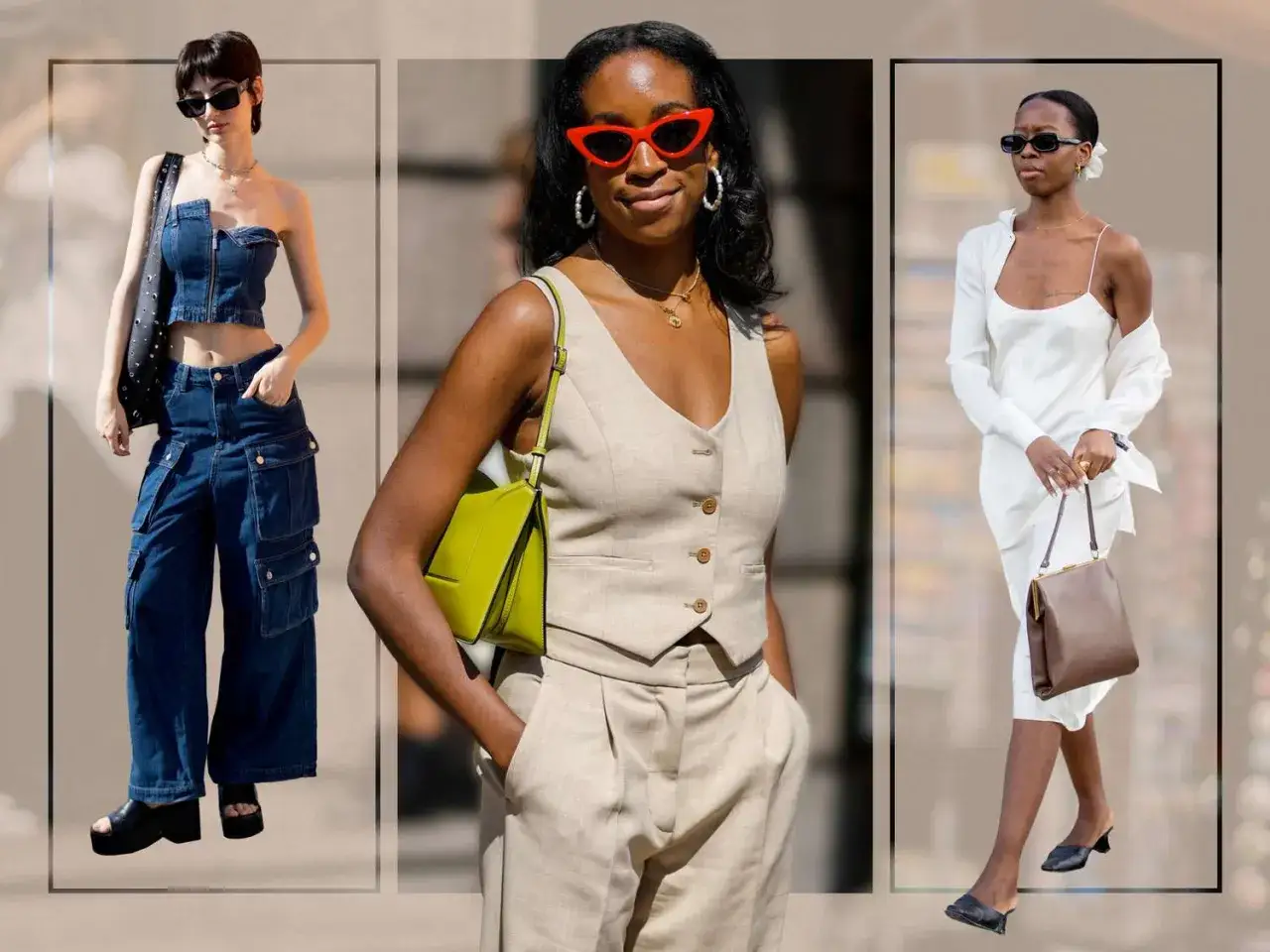 Trzy kobiety prezentują stylizacje inspirowane modą lat 90.: dżinsowy total look, beżowy garnitur i biała sukienka.