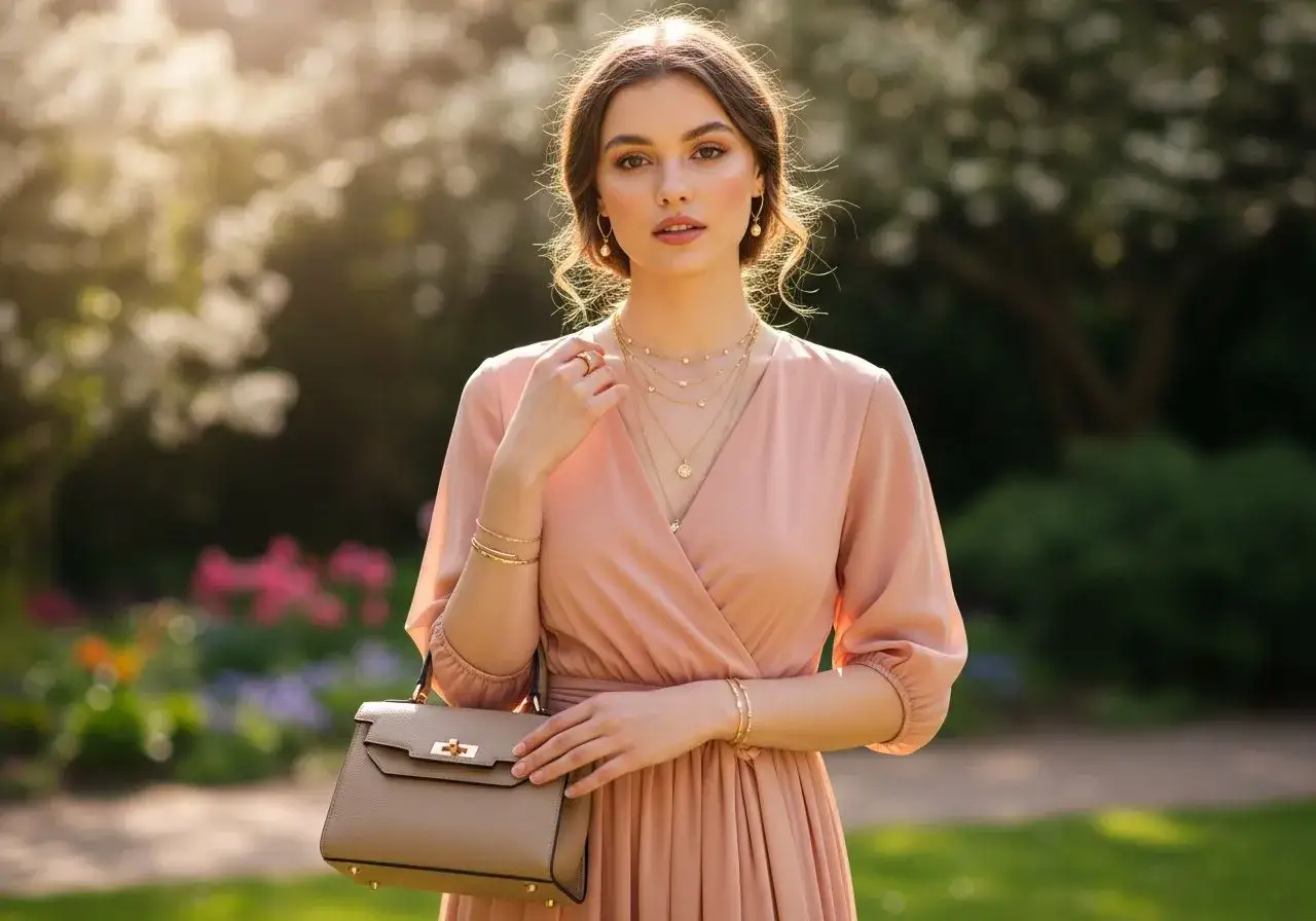 Elegancka kobieta w sukience w kolorze brzoskwiniowym, z naszyjnikami i torebką, na tle ogrodu.