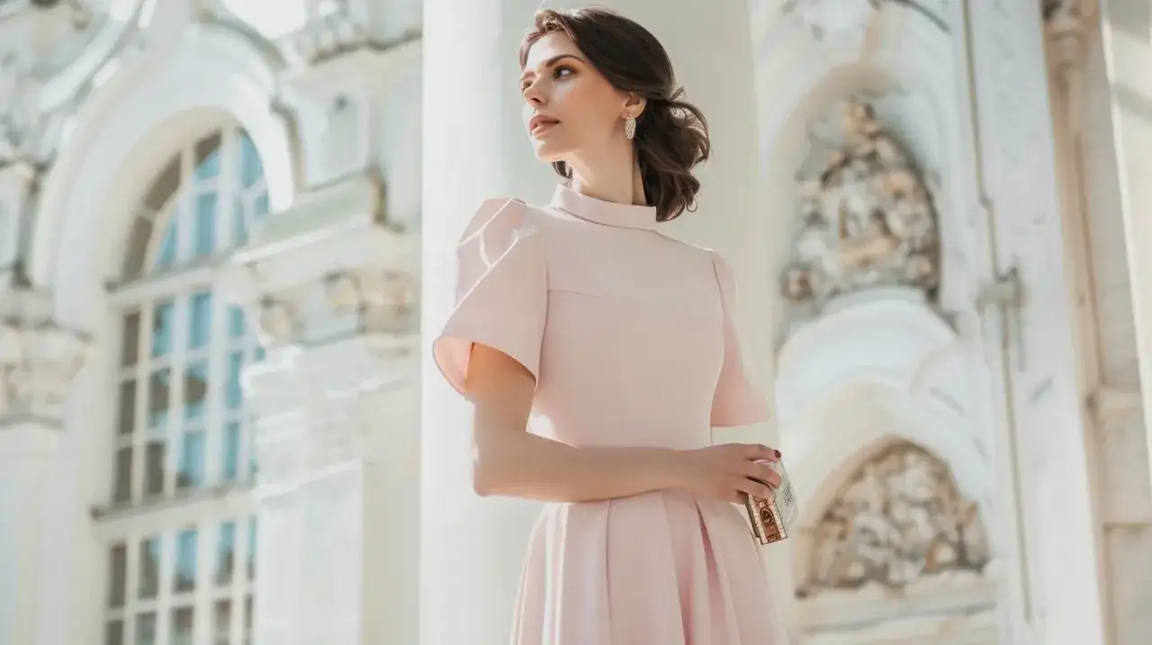 Elegancka kobieta w pudrowej sukience, idealna inspiracja, jak ubrać się na chrzciny jako gość.