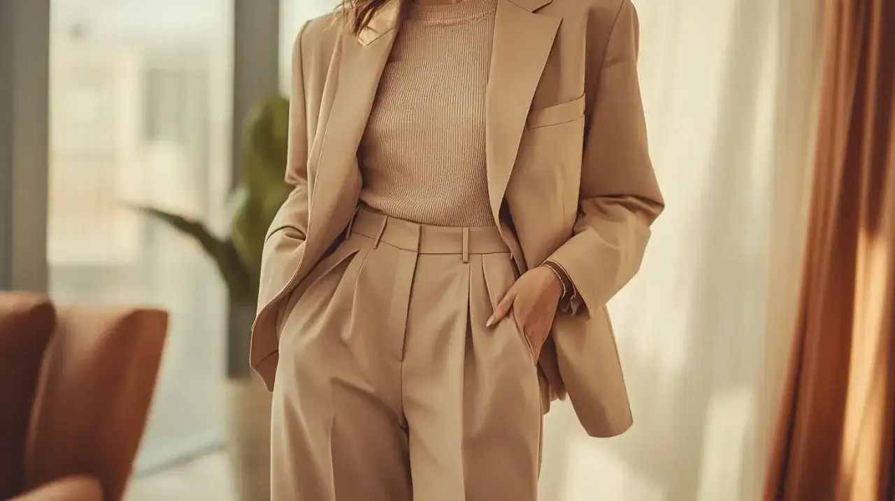 Elegancka kobieta w beżowym garniturze, z ręką w kieszeni, czuje się komfortowo nawet w biurze latem.