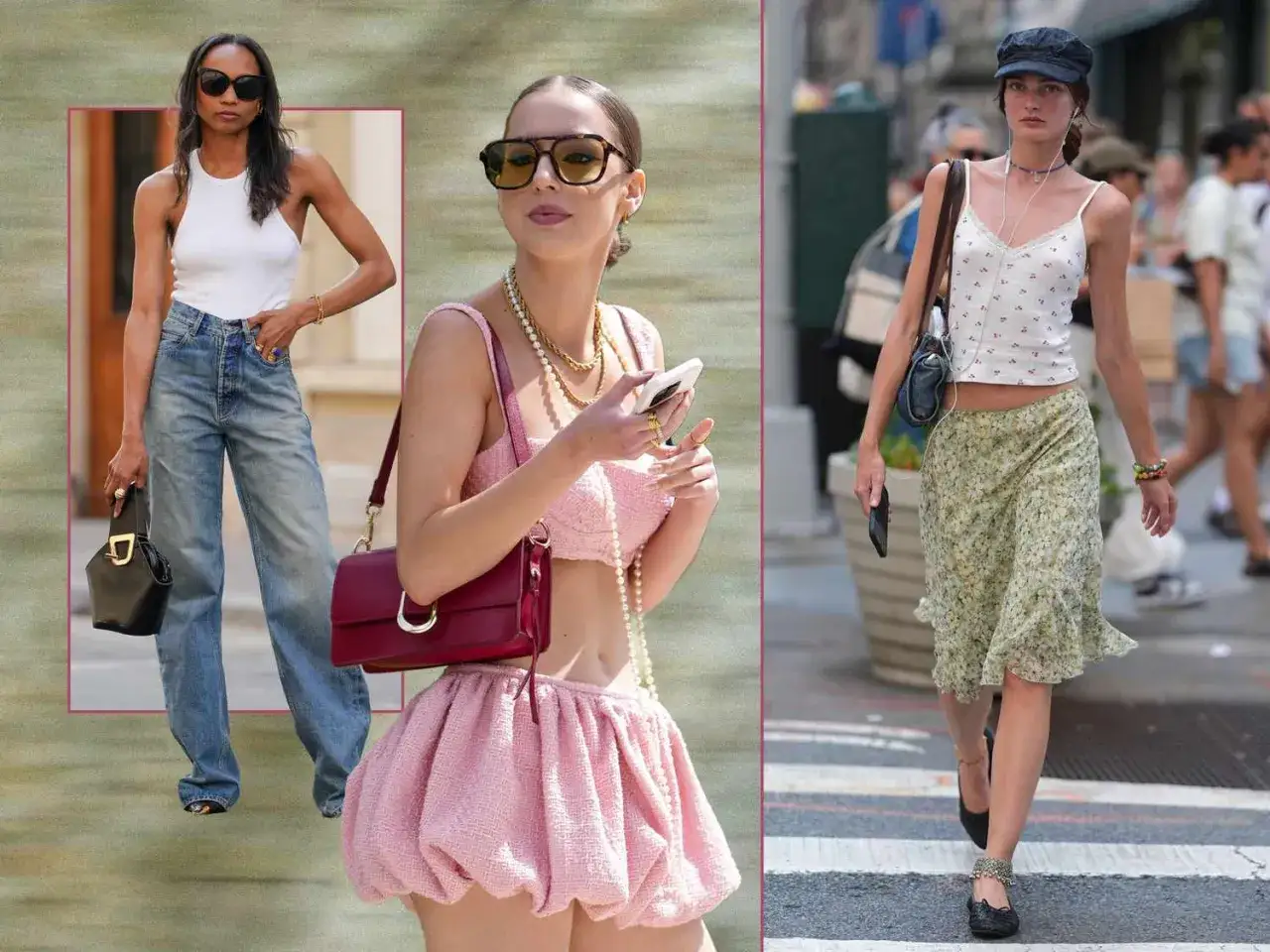 Moda damska lat 2000: luźne jeansy, crop topy, kwieciste sp&oacute;dnice i błyszczące dodatki.