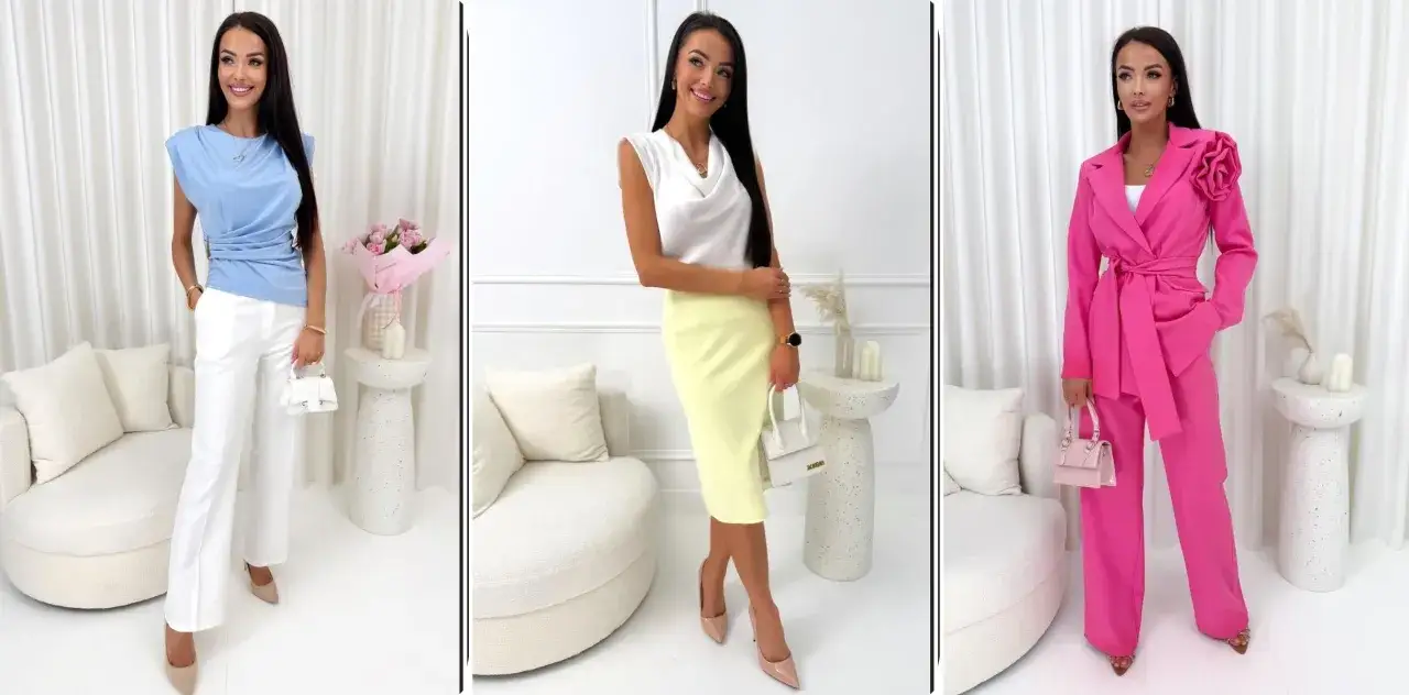 Elegancka moda na wiosnę: błękitny top z białymi spodniami, biała bluzka z ż&oacute;łtą sp&oacute;dnicą, r&oacute;żowy garnitur.
