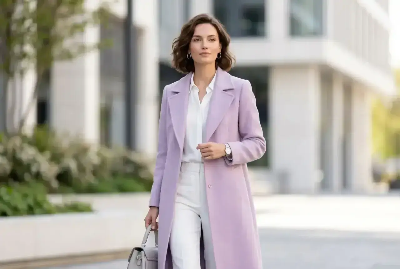 Elegancka kobieta w płaszczu w kolorze liliowym, który pięknie podkreśla jej styl.