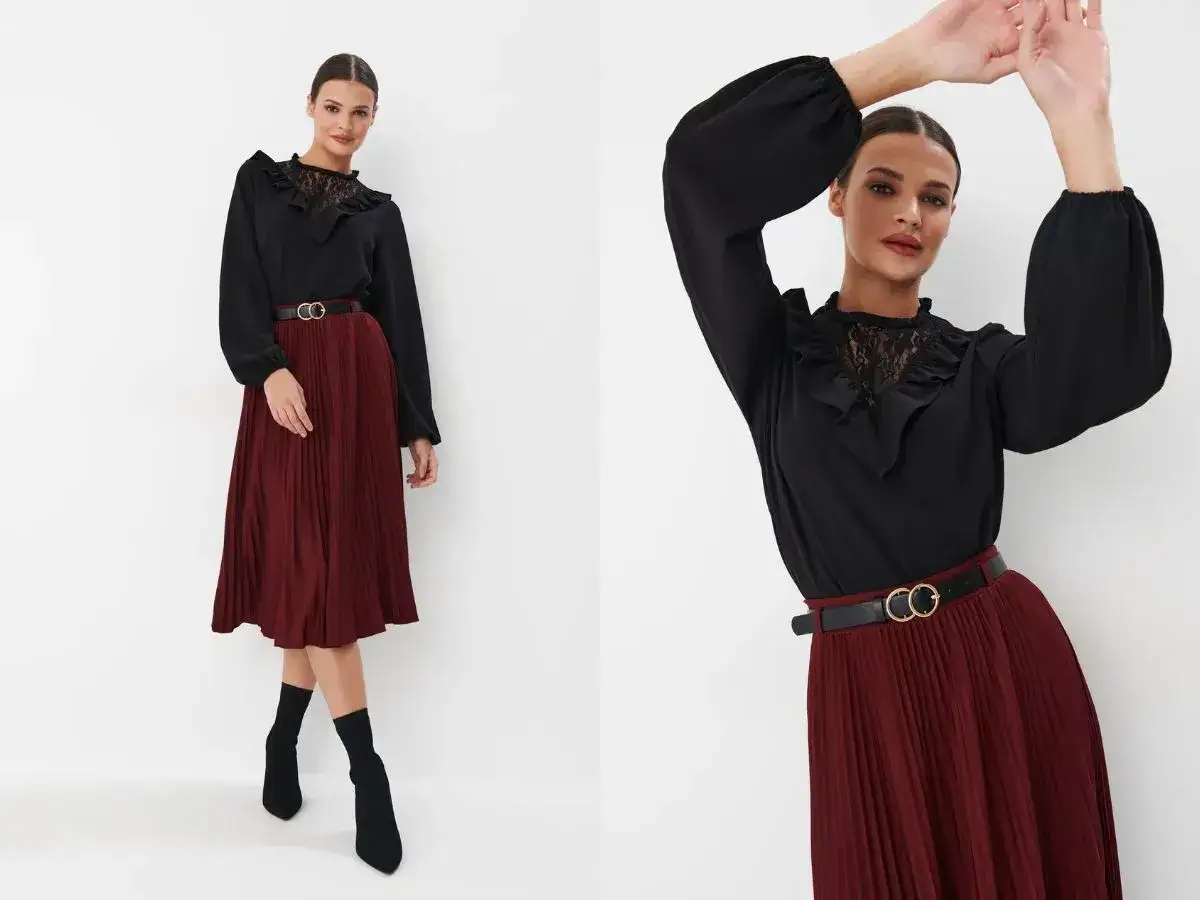 Elegancka stylizacja z czarną bluzką z koronkowym kołnierzem i bordową sp&oacute;dnicą. Idealny dres code na specjalne okazje.